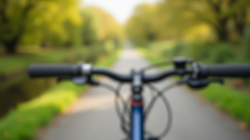 Close-up of bicycle handlebars and grips with blurred canal path and trees in the background