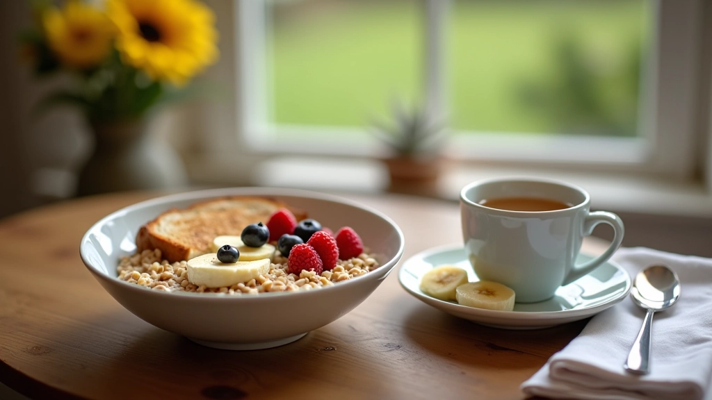 Healthy breakfast spread with oatmeal, banana, whole grain toast and tea on a wooden table
