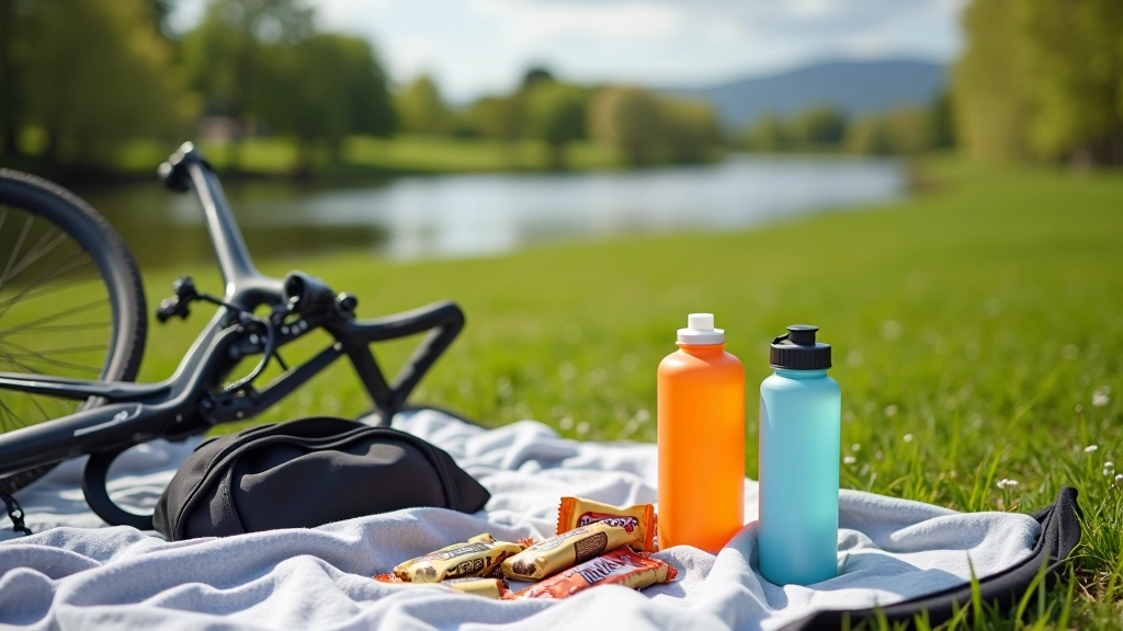 Cycling snacks and hydration supplies arranged on a table with water bottle