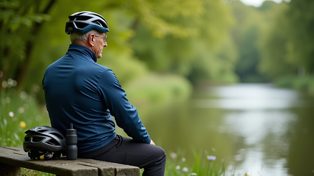 Cyclist resting on wooden bench beside calm river, helmet on lap, water bottle nearby, peaceful riverside setting