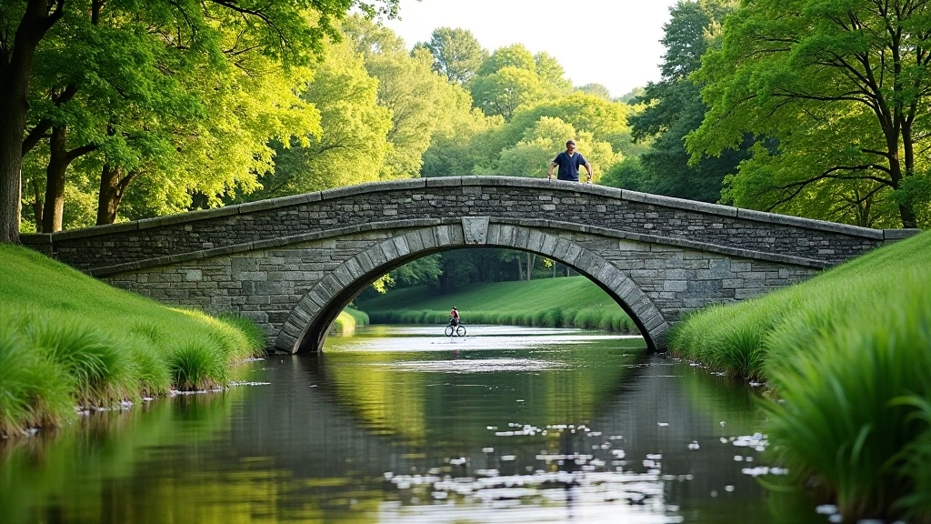 Stone arch bridge over calm river water with green vegetation on both banks and cycling path visible underneath