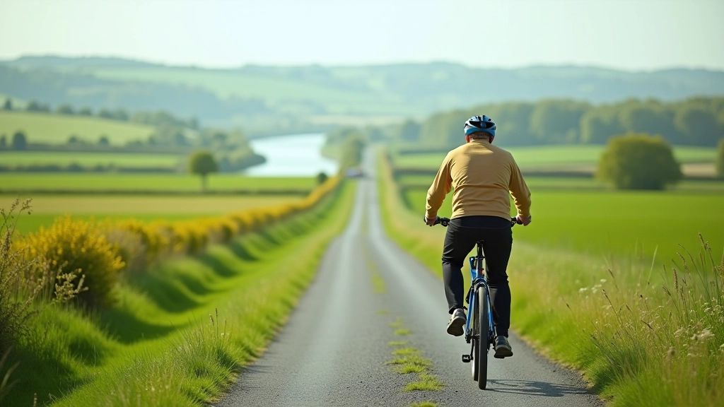 Open countryside landscape with river running through green fields, cycling path winding through pastoral scenery, minimal buildings visible