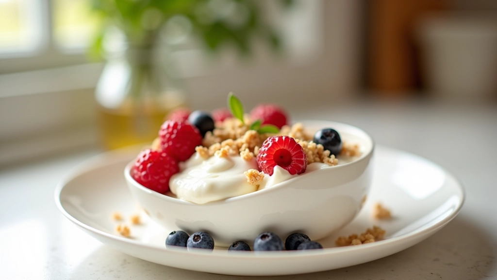Smoothie bowl with yogurt, granola and fresh berries on a kitchen counter
