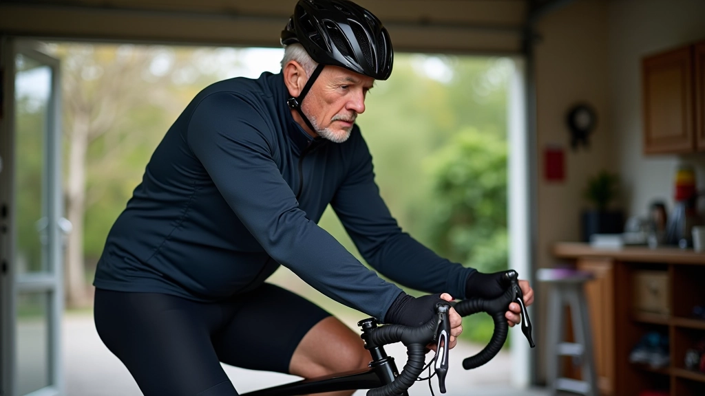Senior cyclist adjusting seat height on stationary bike, focus on leg extension and knee angle