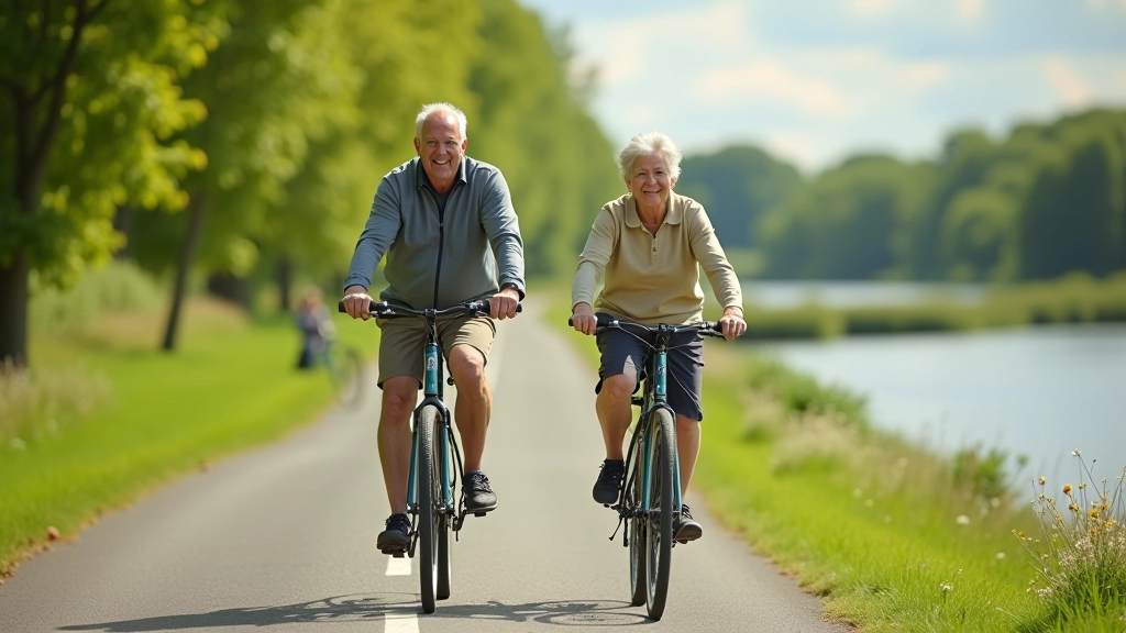 Senior cyclists riding on a flat paved path alongside a river with green trees and blue water visible